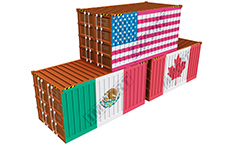 Three shipping containers with international flags